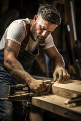 Carpenter shop in background, photo of carpenter male worker