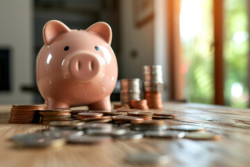 Piggy bank with coin on a wooden table.Real estate and saving money, financial concept bank.Generative ai.