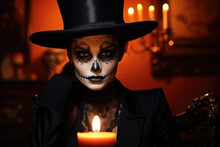 Closeup Shot Of Woman In Black Costume And Halloween Make Up On Red Light Background