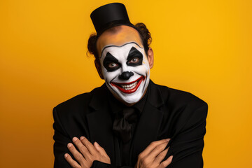 Clown happy man in black costume and halloween make up, orange background