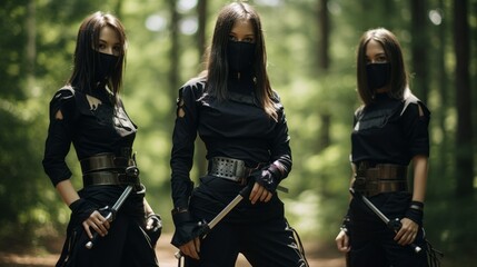 group of masked female assassins. company of dangerous girls in masks. female warriors in cool costu