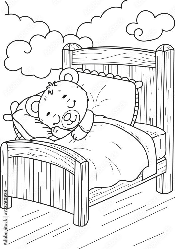 Coloring page outline of cartoon smiling cute bear in bed. Colorful ...