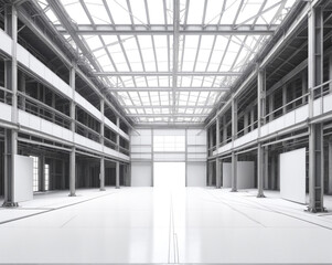 Poster - drawing of an industrial warehouse with a mezzanine on the sides . Generated AI