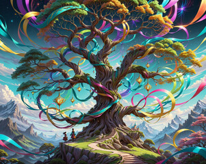 Poster - huge spreading tree with colorful ribbons on its branches, festival . Generated AI