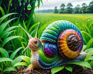 Poster - important snail with a multi-colored shell on a background of green meadow . Generated AI