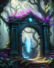 Poster - mysterious abandoned magical gate in the middle of ancient thickets . Generated AI