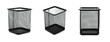 Isolated group of black metal pen holder standing on white background. Square shape empty pen school container pencil.