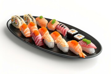 Poster - Assorted japanese sushi on a black plate. delicious asian cuisine. ideal for menu illustrations. isolated sushi set. AI