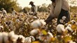 © petrrgoskov - Close up composition of Field workers or slaves meticulously picking cotton in a sunlit field, a scene of agricultural labor