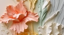 White And Red Sculpture That Resembles Flowers Background, In The Style Of Rococo Pastel Hues, Light Orange And Yellow, Soft Color Palettes, Light Orange And Green.