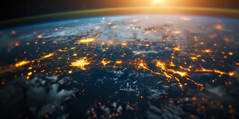 Wall Mural - big city lights view from space. planet earth globe with night realistic world map. communication co