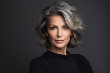 Wall Mural - Photo of a business 50 year old woman, wearing a simple blouse, eye contact, dark background