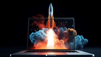 Wall Mural - space rocket outgoing of laptop screen, showcase boost performance, innovative isolated background