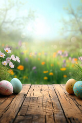 A collection of painted easter eggs celebrating a Happy Easter in long grass with a wooden bench to display products on with a bright spring sunny day