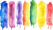 Colorful vertical watercolor brush strokes on a white background.