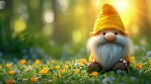 Cute Of Gnome In Spring Forest And Green Natural Background