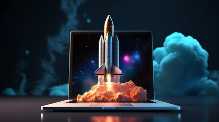 Wall Mural - space rocket outgoing of laptop screen, showcase boost performance, innovative isolated background