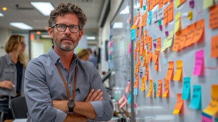 Wall Mural - Male coach, passionately guiding a team through a spirited dialogue. The whiteboard illustrate the collaborative brainstorming. Exchange of ideas, innovation and strategize a marketing plan.