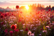 realistics sunrise over a meadow filled with vibrant flowers, kissed by dew and signaling start of a fresh day, creates a truly enchanting experience