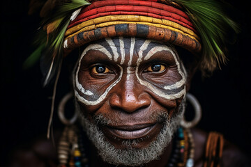 Wall Mural - Generative AI close up photo of confident man native african tribe traditional pattern on face