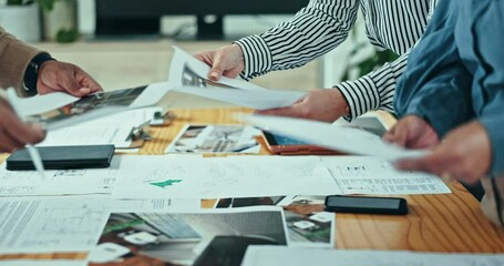 Poster - Business people, hands and documents on table for interior design, planning or meeting at office. Closeup of employees with paperwork in teamwork, collaboration or project for ideas at workplace