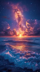 Wall Mural - A long exposure shot of big water waves, in a calm night sea of stars, great reflection in the water at the horizon, in the style of space wallpaper