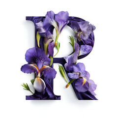 iris. The letter R with flowers and leaves on a bright white background. mothers Day. the concept of the alphabet. A collection of fonts 