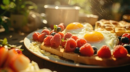 Aufkleber - Delicious plate of waffles topped with fresh fruit and eggs. Perfect for a hearty breakfast or brunch