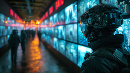 Poster - Surveillance screens tracking people's movements, privacy and security concept