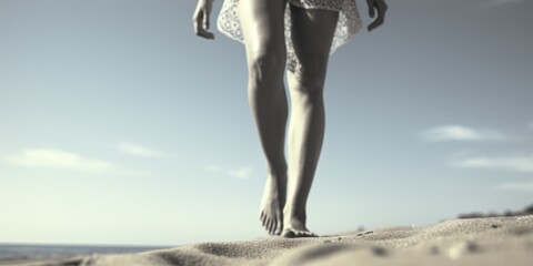 Aufkleber - Woman standing on a beach with her legs in the sand. Perfect for travel or summer-themed projects