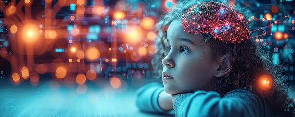 Small child sitting indoors and thinking. Knowledge and thoughts in head concept.