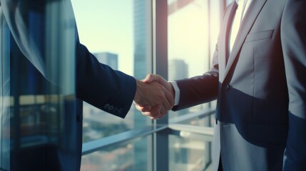 Aufkleber - Two men shaking hands in front of a window. Can be used for business meetings, negotiations, or partnerships