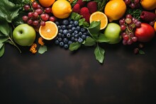Variety Of Healthy Fruits On Black Background With Copy Space, View From.