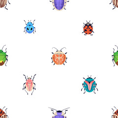 Poster - Beetles and bugs, seamless pattern. Insects, endless background design. Summer nature, repeating print for textile, fabric, wrapping, wallpaper designs. Flat vector illustration for decoration