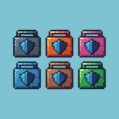 Poster - Pixel art sets icon of shield case variation color. Shield icon on pixelated style. 8bits perfect for game asset or design asset element for your game design. Simple pixel art icon asset.