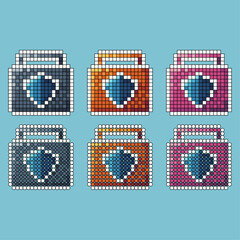 Fototapete - Pixel art stroke sets icon of shield case variation color. Shield icon on pixelated style. 8bits perfect for game asset or design asset element for your game design. Simple pixel art icon asset.
