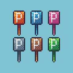 Poster - Pixel art sets icon of parking sign variation color. P sign icon on pixelated style. 8bits perfect for game asset or design asset element for your game design. Simple pixel art icon asset.