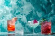 Colorful cocktails on a bar counter with a blue textured background.