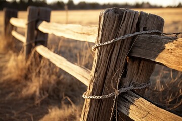 Poster - A detailed close-up of a wooden fence in a serene field. Perfect for adding a rustic touch to any project