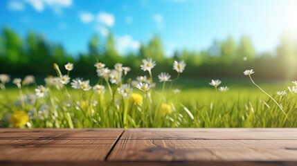 Poster - A wooden table with a beautiful field of flowers in the background. Perfect for adding a touch of nature to any design