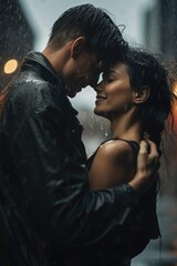 Poster - A romantic moment captured as a man and a woman share a passionate kiss in the rain. Perfect for depicting love and affection in wet weather settings