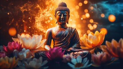 Poster - A serene Buddha statue surrounded by beautiful flowers in a dimly lit room. Perfect for adding a sense of tranquility and spirituality to any space