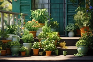 Poster - Potted plants displayed on a porch. Perfect for adding a touch of greenery to any outdoor space