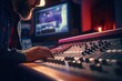 A man sitting at a mixing desk in front of a monitor. Suitable for music production or audio engineering purposes
