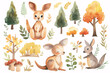 A heartwarming watercolor set featuring adorable kangaroos with a mix of botanical elements, perfect for educational materials and nursery decor.