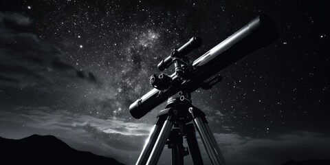 Poster - A black and white photo of a telescope on a tripod. Suitable for scientific or educational purposes