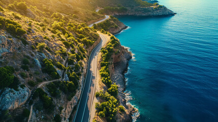 Aerial view of asphalt road highway along mountain peaks and a blue ocean, sun shine. Travel concept. Generative AI