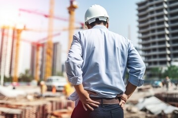 Poster - A man wearing a hard hat stands in front of a construction site. This image can be used to represent construction, building projects, or workplace safety