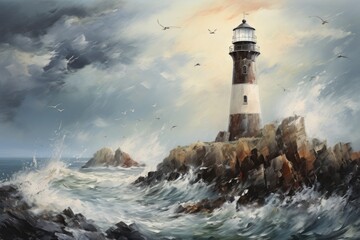 Poster - A painting of a lighthouse standing tall in the middle of the ocean. This image can be used to depict solitude, navigation, or the power of nature