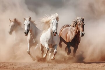 Wall Mural - five horses run through a dust covered dirt field during the day